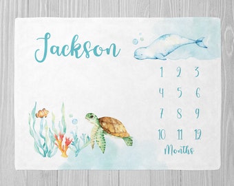 Under The Sea Milestone Blanket, Boy Milestone Blanket, Baby Shower Gift, Monthly Growth, Personalized Baby Boy Blanket, Turtle Whale Ocean