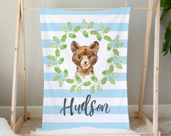 Personalized Woodland Baby Blanket, Bear Baby Blanket, Baby Shower Gift, Baby Name Blanket, Blue Baby Boy Blanket, Woodland Crib Bedding