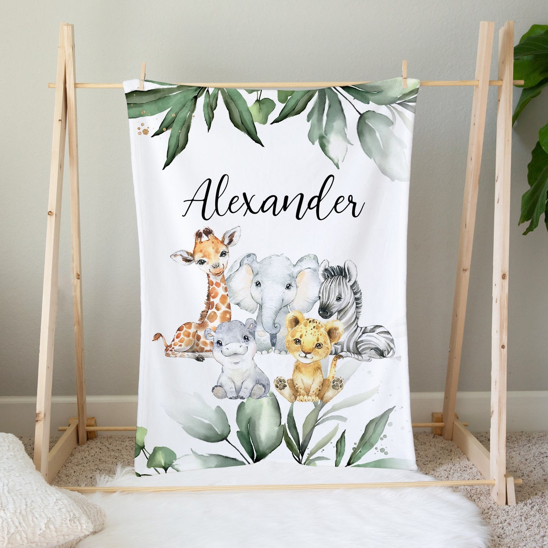 Personalized Safari Baby Blanket, Safari Animals, Safari Nursery, Baby ...