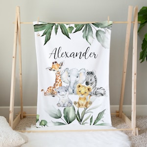 Personalized Safari Baby Blanket, Safari Animals, Safari Nursery, Baby Boy Blanket, Baby Shower Gift, Giraffe, Elephant, Safari Crib Bedding