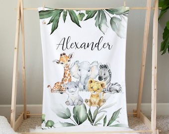 Personalisierte Safari Babydecke, Safari Tiere, Safari Kinderzimmer, Baby Decke, Baby-Dusche-Geschenk, Giraffe, Elefant, Safari Krippe Bettwäsche