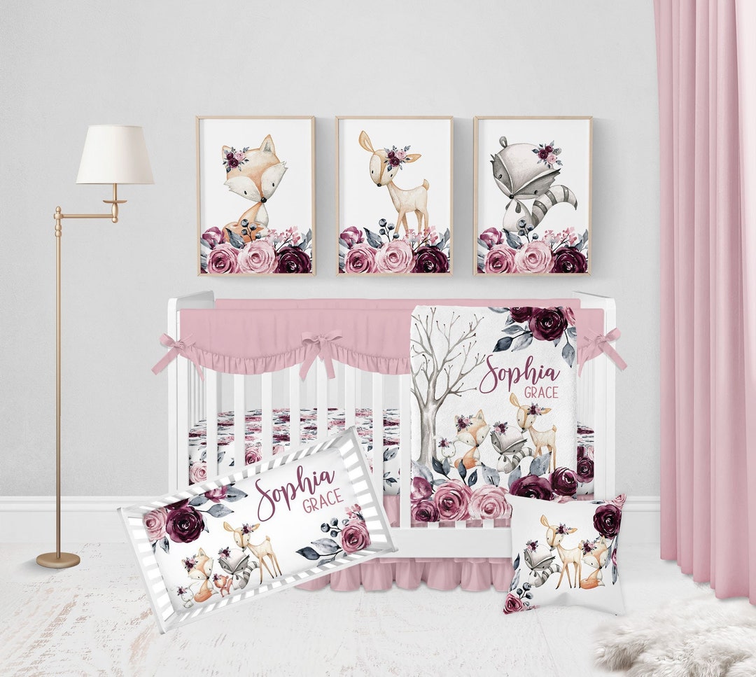 Baby Girl Woodland Crib Bedding Set, Girl Crib Bedding, Woodland Animal
