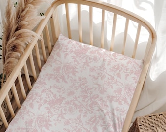 Pink Toile Crib Sheet, Toile De Jouy, Baby Girl Bedding, Pink Floral Bedding, Mini Crib Bedding, Fitted Crib Sheet, Vintage Nursery Bedding