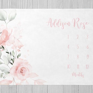 Mijlpaaldeken babymeisje, blush roze bloemen mijlpaaldeken, kraamcadeau, maandelijks groeideken, gepersonaliseerde bloemen babydeken