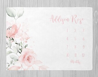 Baby-Meilenstein-Decke, erröten rosa Blumen-Meilenstein-Decke, Baby-Dusche-Geschenk, monatliches Wachstum-Decke, personalisierte Blumen-Baby-Decke
