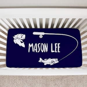 Fishing Crib Sheet, Personalized Crib Sheet, Fish Crib Sheet, Fishing Baby Nursery, Boy Crib Sheet, Navy Blue Crib Sheet, Crib Sheets Boy