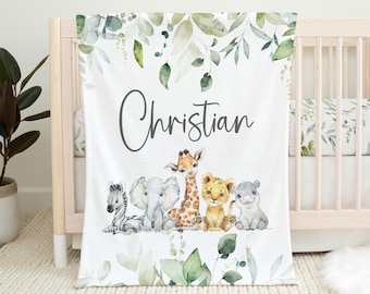 Safari Animals Baby Blanket, Personalized Safari Baby Blanket, Safari Nursery, Baby Boy Blanket, Baby Shower Gift, Personalized Baby Blanket