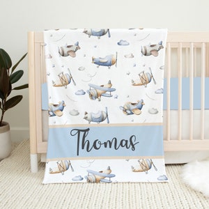 Personalized Airplane Baby Blanket, Baby Boy Blanket, Baby Christmas Gifts, Airplane Crib Bedding, Baby Boy Crib Bedding, Airplane Blanket