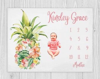 Girl Milestone Blanket, Pineapple Baby Blanket, Tropical Milestone Blanket, Baby Shower Gift, Monthly Milestone, Personalized Baby Blanket