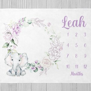 Baby Girl Milestone Blanket, Elephant Milestone Blanket, Purple Floral Milestone, Baby Shower Gift, Personalized Baby Girl Blanket, Safari