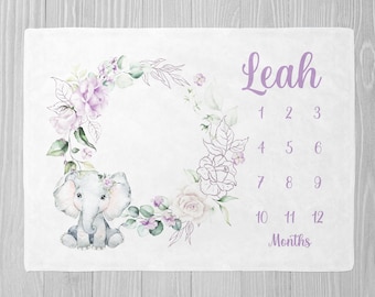 Baby Girl Milestone Blanket, Elephant Milestone Blanket, Purple Floral Milestone, Baby Shower Gift, Personalized Baby Girl Blanket, Safari