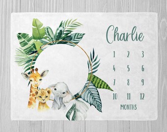 Safari-Meilenstein-Decke, Meilenstein-Decke für Jungen, monatlicher Meilenstein, Baby-Dusche-Geschenk, personalisierte Baby-Decke, monatliches Wachstums-Decke