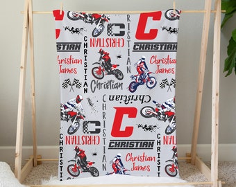 Personalized Dirt Bike Blanket, Baby Boy Blanket, Custom Baby Name Blanket, Baby Shower Gift, Motocross Baby Blanket, Motorcycle Boy Gifts