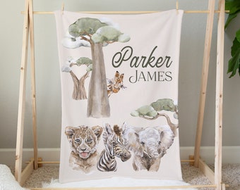 Personalized Safari Baby Blanket, Baby Name Blanket, Safari Crib Bedding, Baby Boy Safari Animal Blanket, Baby Shower Gift, Safari Nursery