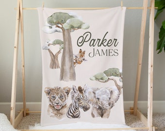 Coperta per neonati Safari personalizzata, coperta con nome per neonati, biancheria da letto per culla Safari, coperta con animali Safari per neonati, regalo per baby shower, cameretta Safari