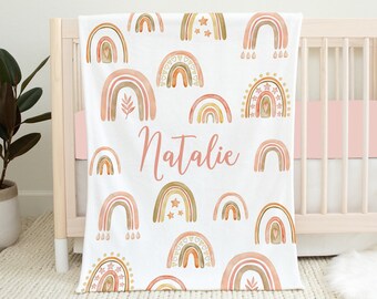 Manta de bebé arcoíris personalizada, manta para niña, regalo para baby shower, regalo para niña, guardería arcoíris, ropa de cama para cuna arcoíris, boho rosa para bebé