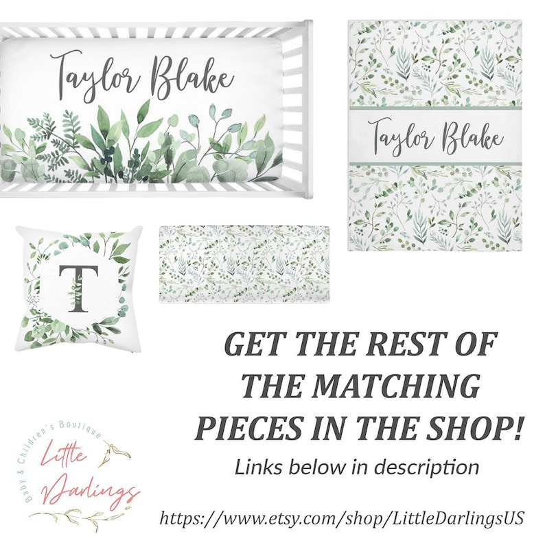 May include: A nursery bedding set featuring a crib sheet, blanket, pillow, and changing pad cover. The set includes a white crib with a sheet displaying the name "Taylor Blake" and green foliage. The blanket and pillow also feature the name and foliage.