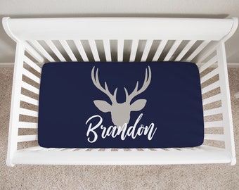 Woodland Crib Sheet Personalized, Fitted Crib Sheets Boy, Woodland Crib Bedding, Navy Crib Sheet, Deer Crib Bedding, Boy Crib Bedding