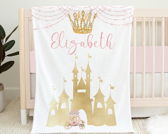 Personalized Princess Baby Blanket, Baby Girl Blanket, Pink Princess Blanket Baby Name Blanket, Baby Shower Gift, Princess Crib Bedding Gold