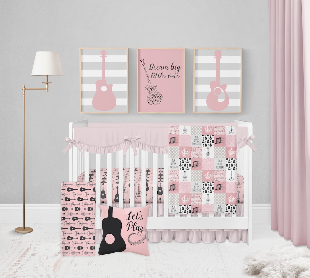 Guitar Crib Bedding Set, Baby Girl Crib Bedding Set, Pink Crib Bedding, Music Theme Baby Nursery