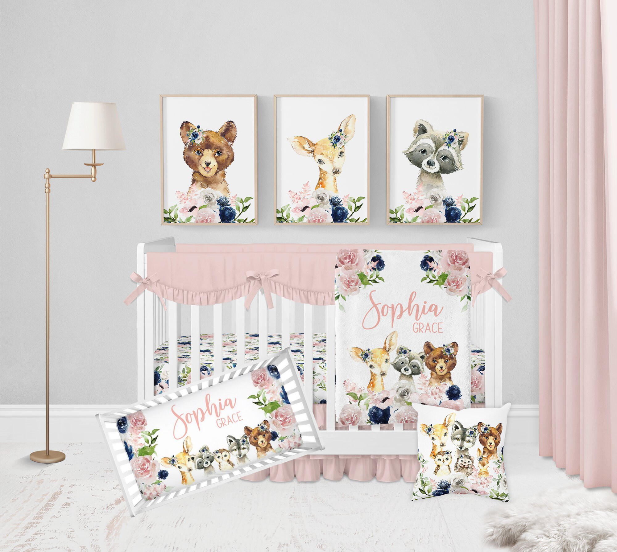 Navy and Blush Pink Floral Crib Sheet Crib Sheets Girl Etsy