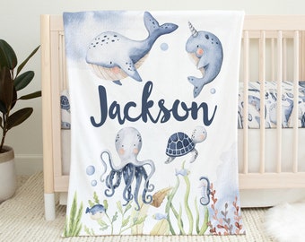 Under The Sea Baby Blanket, Personalized Baby Boy Blanket, Baby Name Blanket, Under The Sea Nursery, Ocean Crib Bedding, Boy Crib Bedding