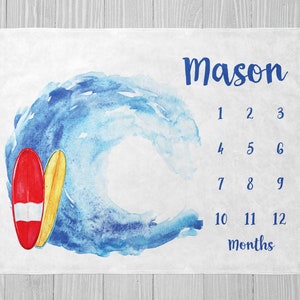 Surfing Milestone Blanket, Boy Milestone Blanket, Baby Shower Gift, Surfer Monthly Milestone Blanket, Personalized Baby Blanket Beach, Ocean