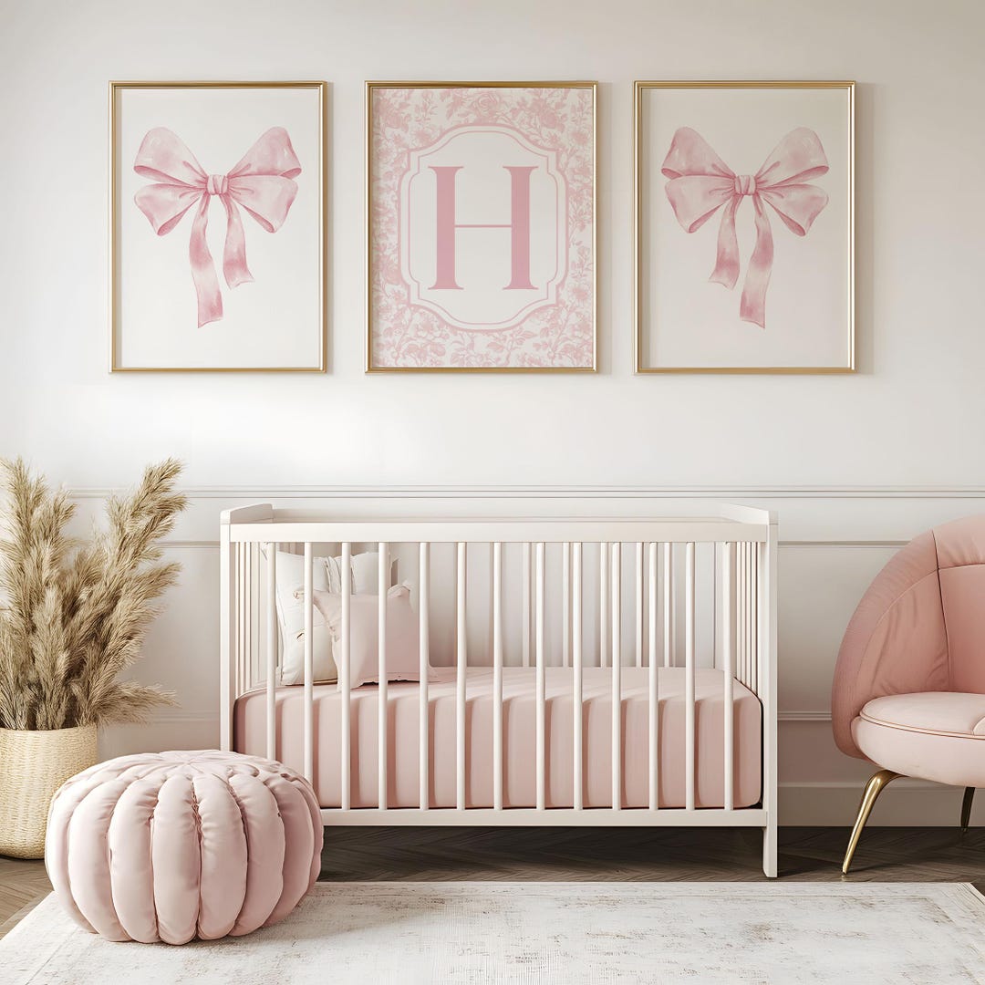 Pink Bow Nursery Decor Prints, Custom Pink Bow Wall Art, Pink Girly ...