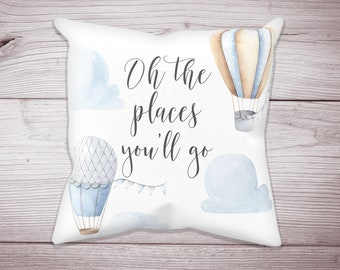 Hot Air Balloon Nursery Pillow, Oh The Places You'll Go, Hot Air Balloon Pillow, Hot Air Balloon Crib Bedding, Baby Boy Nursery Pillow Blue