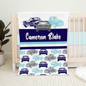 Personalized Car Baby Blanket, Baby Name Blanket, Baby Boy Blanket, Car Crib Bedding, Baby Shower Gift, Car Blanket, Car Nursery, Teal, Navy