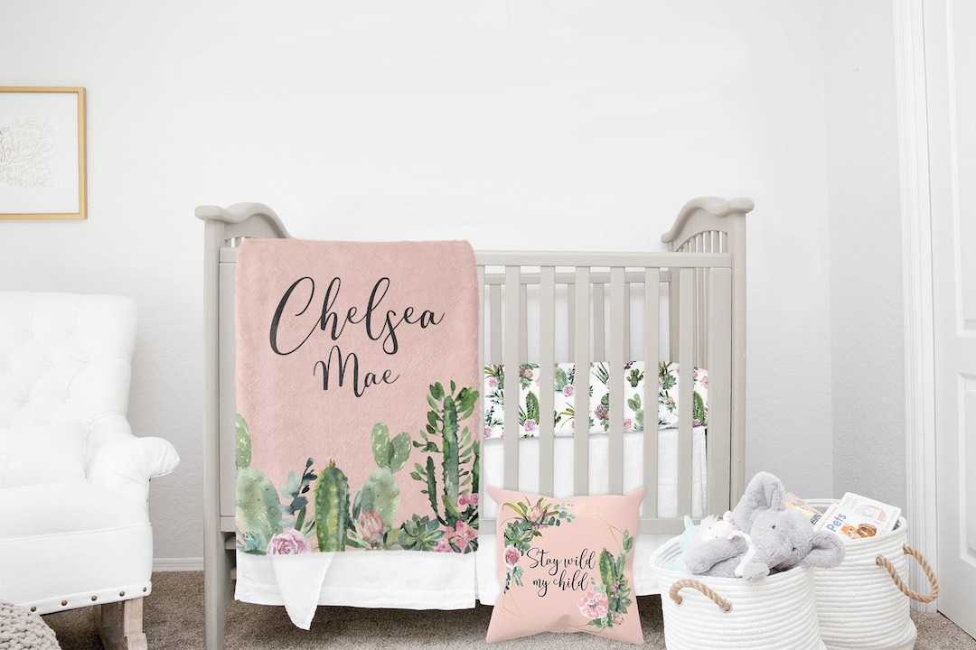 MINI Crib Bedding Set, Baby Girl Crib Bedding Set, Cactus Crib Bedding