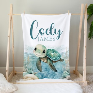 Sea Turtle Baby Blanket, Personalized Sea Turtle Blanket, Baby Boy Blanket, Under The Sea Nursery, Ocean Crib Bedding Boy, Baby Shower Gift