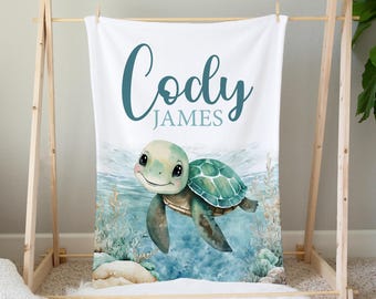 Sea Turtle Baby Blanket, Personalized Sea Turtle Blanket, Baby Boy Blanket, Under The Sea Nursery, Ocean Crib Bedding Boy, Baby Shower Gift