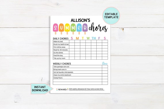 Editable Summer Chore Chart, Printable Chore Chart For Kids, Summer Routine, Daily & Weekly Kids Chore Responsibility Chart Instant Download