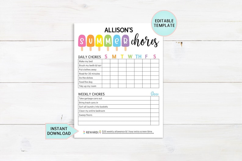 Editable Summer Chore Chart, Printable Chore Chart For Kids, Summer Routine, Daily & Weekly Kids Chore Responsibility Chart Instant Download image 1
