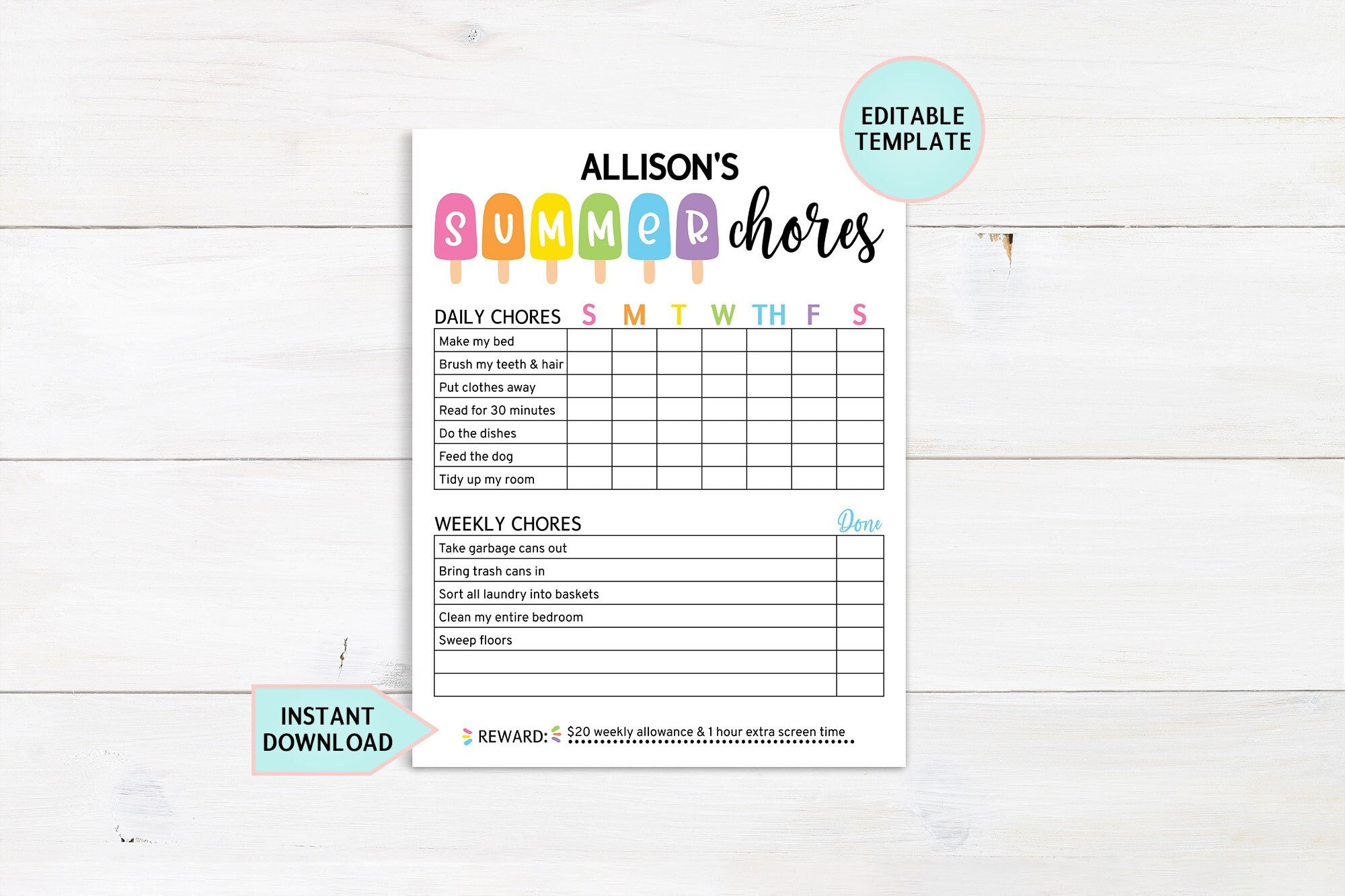Editable Summer Chore Chart, Printable Chore Chart for Kids, Summer  Routine, Daily & Weekly Kids Chore Responsibility Chart Instant Download -  Etsy