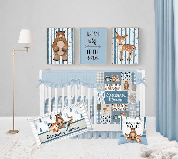 Woodland Crib Bedding Set Blue Baby Boy Crib Bedding Woodland Animals Nursery Bedding Woodland Nursery Personalized Woodland Baby Blanket Etsy Canada
