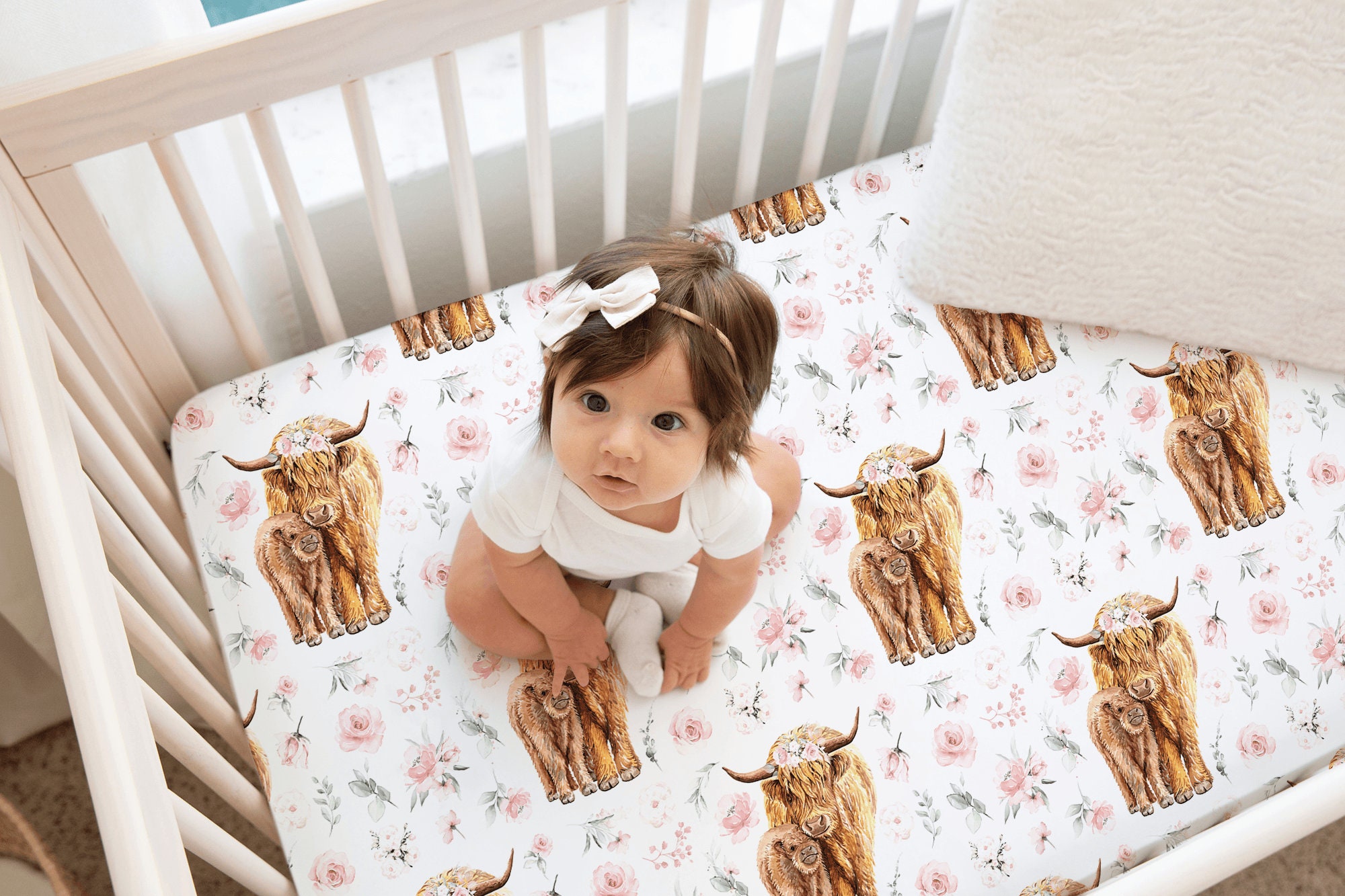 Dear Baby Gear Fitted Crib Sheet - Breathable Cotton Blend, Standard 52x28x10, Pink & White Cow Print - View #7