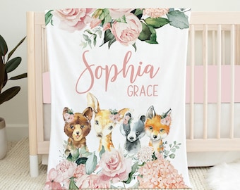 Personalized Baby Girl Blanket, Woodland Baby Blanket, Pink Floral Baby Blanket, Baby Shower Gift, Woodland Crib Bedding, Woodland Nursery
