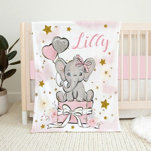 Personalized Elephant Baby Blanket, Baby Girl Blanket, Baby Name Blanket, Pink Elephant Nursery, Baby Shower Gift Pink Elephant Crib Bedding