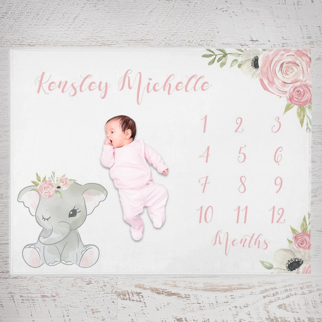 Personalized Baby Milestone Blanket, Elephant Month Blanket, Baby