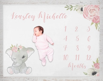 Gepersonaliseerde Baby Milestone Deken, Elephant Month Blanket, Baby Growth Tracker Deken, Baby Girl Milestone Blanket, Baby Shower Gift,