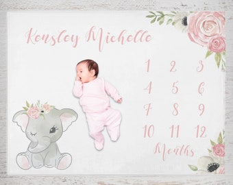 Personalized Baby Milestone Blanket, Elephant Month Blanket, Baby Growth Tracker Blanket, Baby Girl Milestone Blanket, Baby Shower Gift,