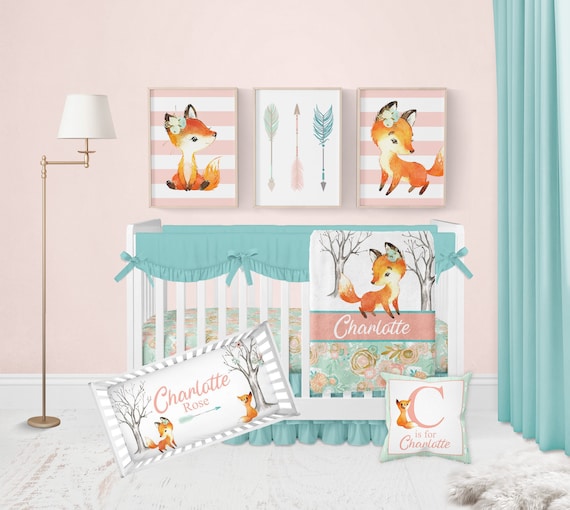 Coral and teal cheap floral crib bedding