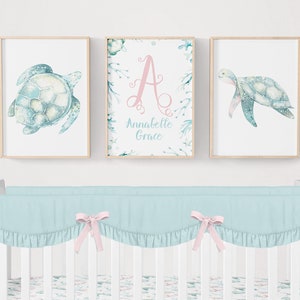 Sea Turtle Nursery Prints, Personalized Nursery Wall Art, Set of 3 Prints, Sea Turtle Nursery, Girl Nursery Decor, Ocean Nursery Decor