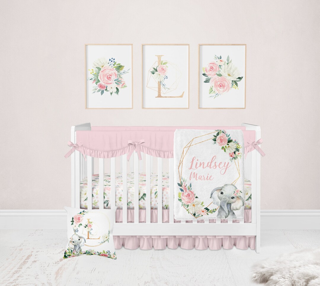 Elephant Baby Bedding Set, Floral Girl Crib Bedding, Personalized Baby