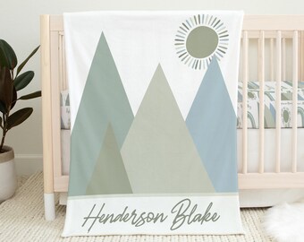 Personalized Baby Boy Blanket, Mountain Baby Blanket, Boho Baby Blanket, Baby Shower Gift, Baby Boy Crib Bedding, Green Crib Bedding, Sun