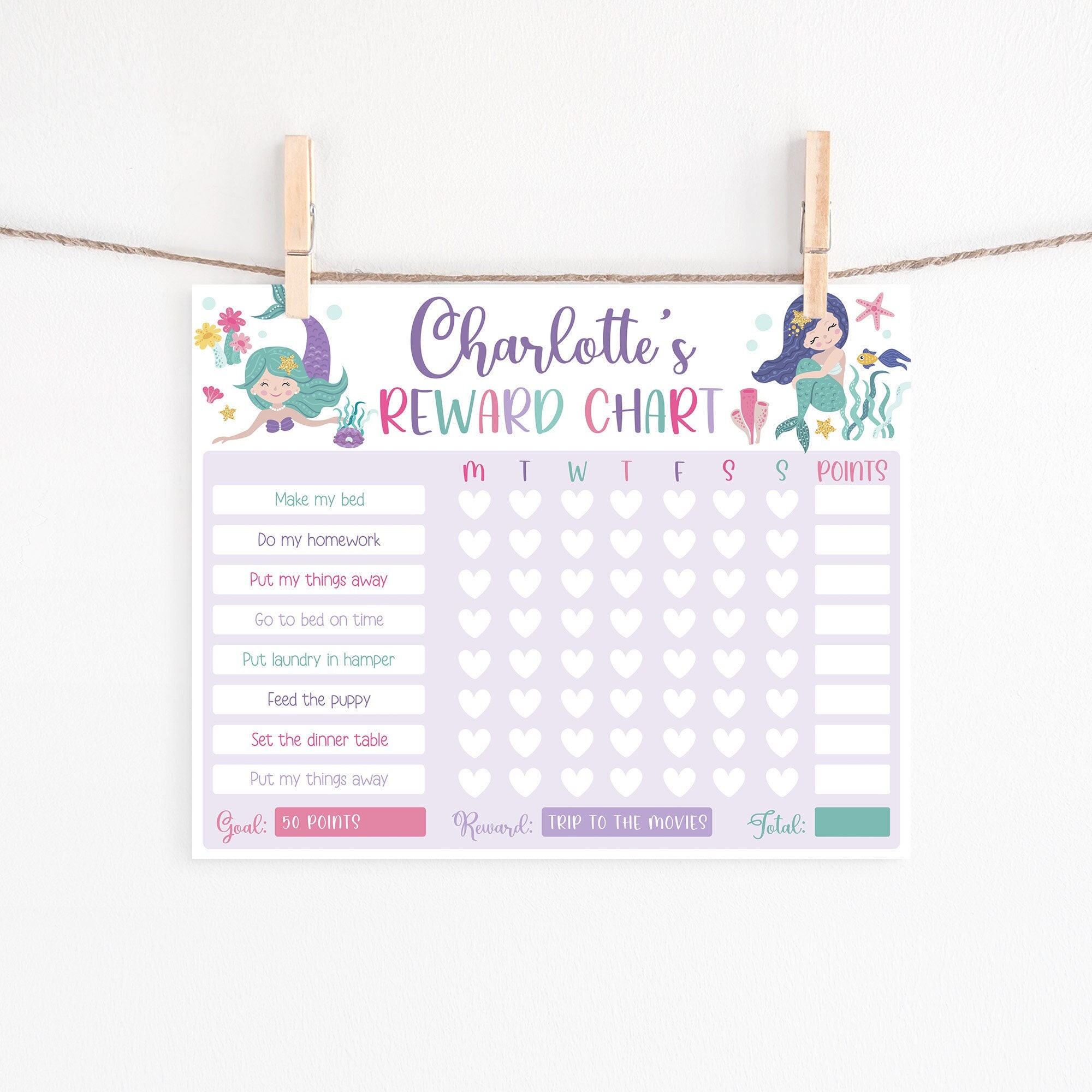Printable Mermaid Reward Chart, Editable Mermaid Behavior Chart Printable, Girl Daily Chore Chart For Kids, Sticker Chart Digital Template