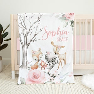 Manta de bebé personalizada con temática de bosque, manta para niña, regalo para baby shower, ropa de cama para cuna con temática de bosque, guardería con temática de bosque, manta con nombre de bebé con flores