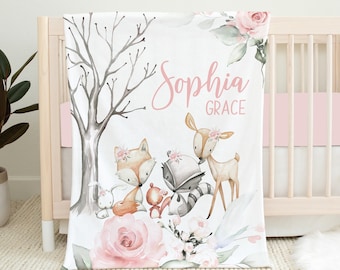 Personalized Woodland Baby Blanket, Baby Girl Blanket, Baby Shower Gift, Woodland Crib Bedding, Woodland Nursery, Floral Baby Name Blanket